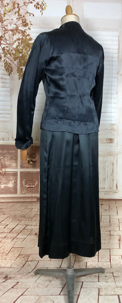 Incredible Late 1930s Vintage Sumptuous Navy Blue Satin Skirt Suit