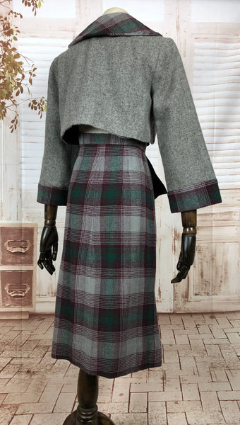 Gorgeous Original 1950s 50s Vintage Burgundy Green And Grey Plaid Cropped Suit