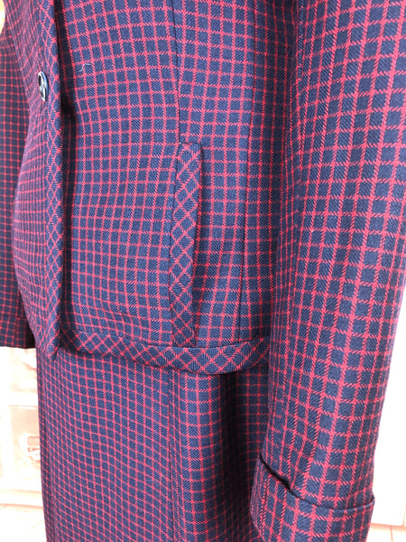 LAYAWAY PAYMENT 1 OF 2 - RESERVED FOR KELLY - Original 1940s 40s Vintage Navy And Red Micro Check Skirt Suit