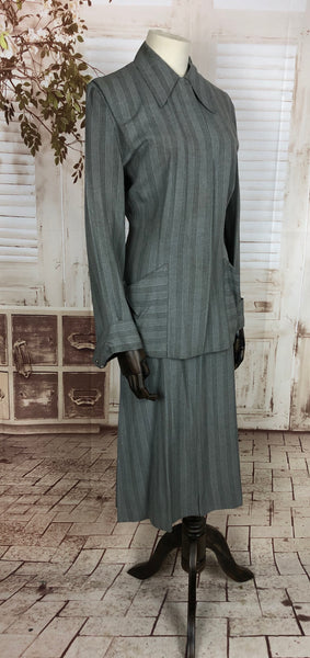 Original 1940s 40s Vintage Grey And Blue Striped Gabardine Skirt Suit