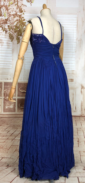 Stunning Original Late 1940s / Early 1950s Vintage Royal Blue Sequinned Chiffon Evening Gown