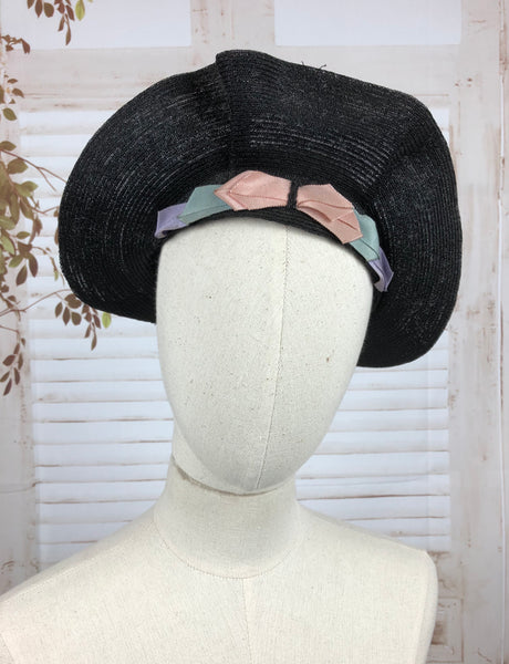 Original 1930s 30s Vintage Black Hat With Pastel Trim