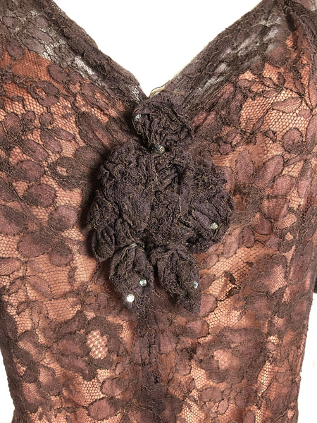 Original 1930s 30s Vintage Brown Lace Over Pink Slip Evening Dress
