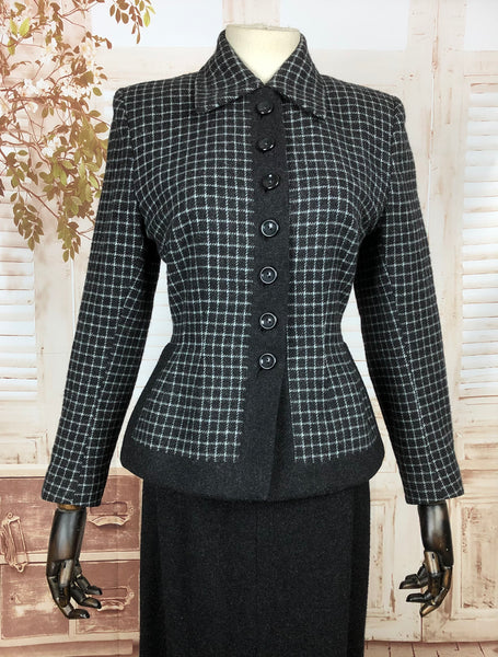 Beautiful 1940s 40s Vintage Dark Grey Check Wool Suit By Peck & Peck