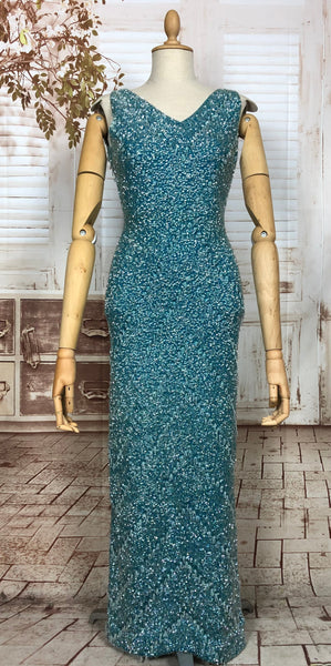 LAYAWAY PAYMENT 1 OF 5 - RESERVED FOR LINDSAY - Exceptional Original 1950s Vintage Fully Beaded Turquoise Gown Hollywood Dress Unlabelled Gene Shelly