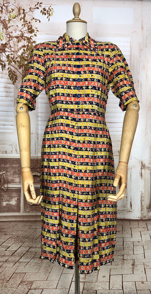 Beautiful Original Late 1930s / Early 1940s Silk Dress With Red Yellow and Blue Stripes