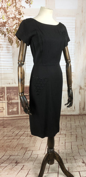 Original Late 1940s 40s Vintage Black Faille Dress With Appliqué Grape Decoration
