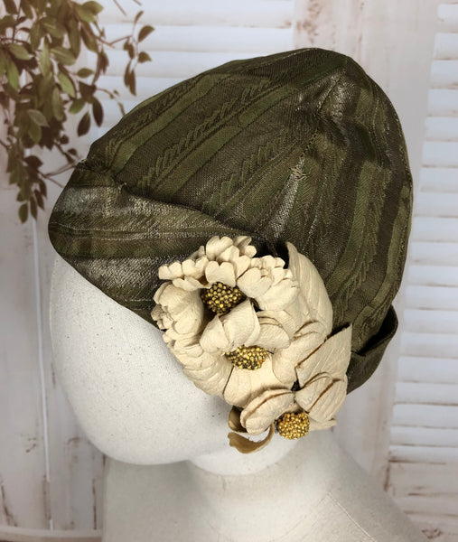 Original 1920s 20s Vintage Striped Lamé Cloche Flapper Hat With Huge Flowers