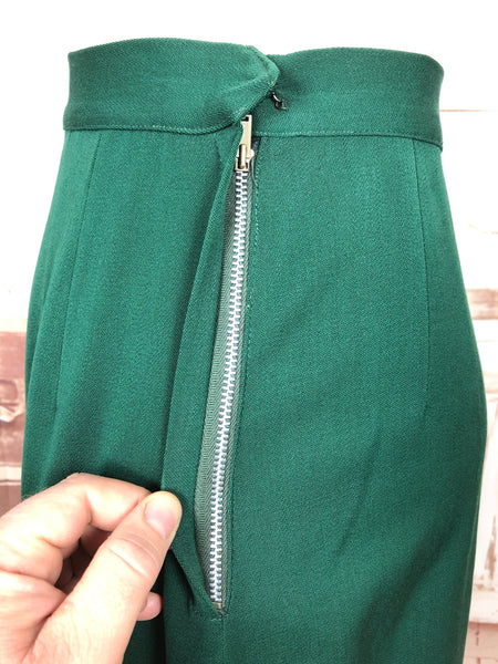 Incredibly Rare Original 1940s 40s Vintage Emerald Green Gabardine Belted Suit With Bishop Sleeves