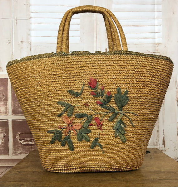 Large 1940s 40s Floral Embroidered Straw Tote Bag