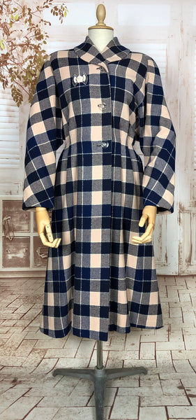 Exceptional 1940s Original Volup Vintage Pink And Navy Plaid Princess Coat