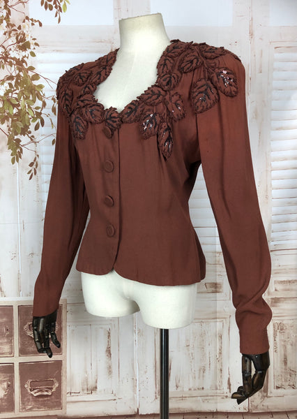 LAYAWAY PAYMENT 1 OF 2 - RESERVED FOR AMBIKA - Original Late 1930s Early 1940s Rust Cinnamon Crepe Blazer With Trapunto Beaded Leaf Decoration