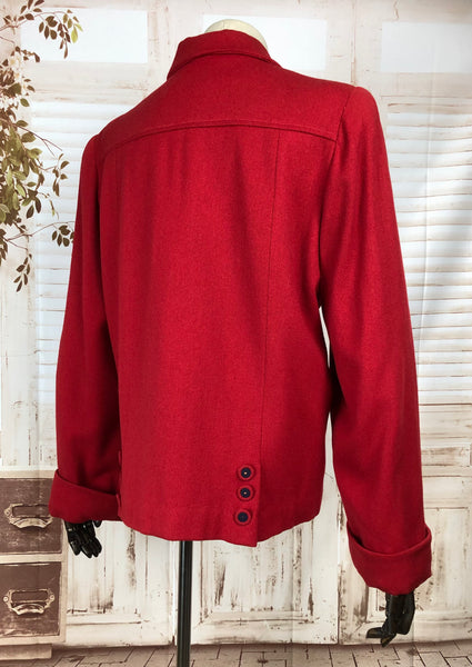 Stunning Original 1940s 40s Vintage Red Wool Swing Jacket Coat With Navy Accents