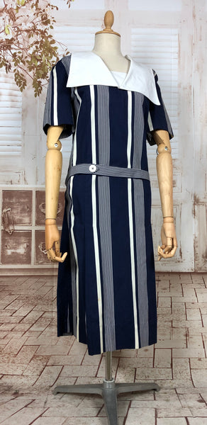 Stunning Original 1920s Art Deco Blue And White Striped Cotton Flapper Dress With Huge Collar
