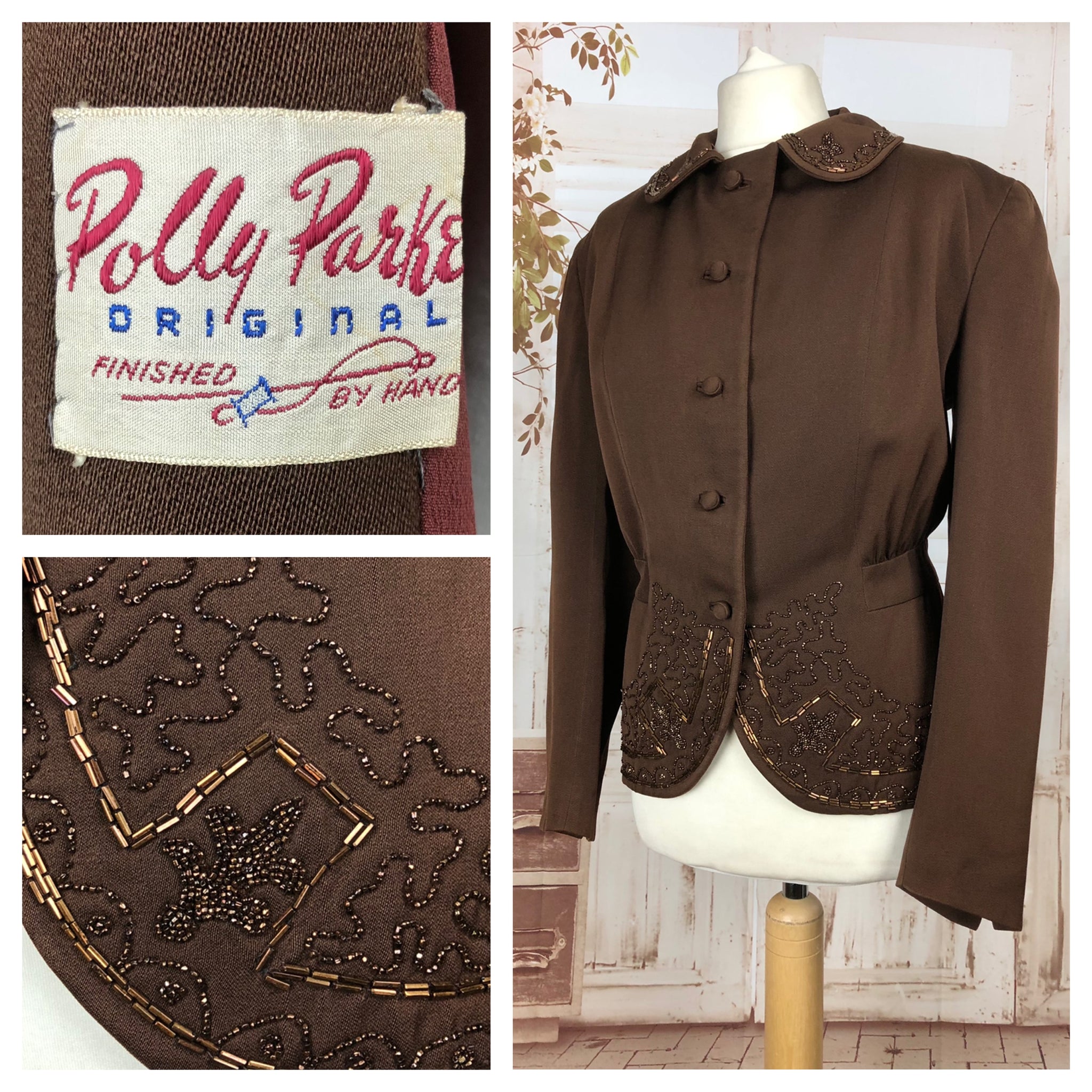 Rare Original Volup Vintage Early 1940s 40s Beaded Brown Gabardine Jacket With Norfolk Belt Back By Polly Parker
