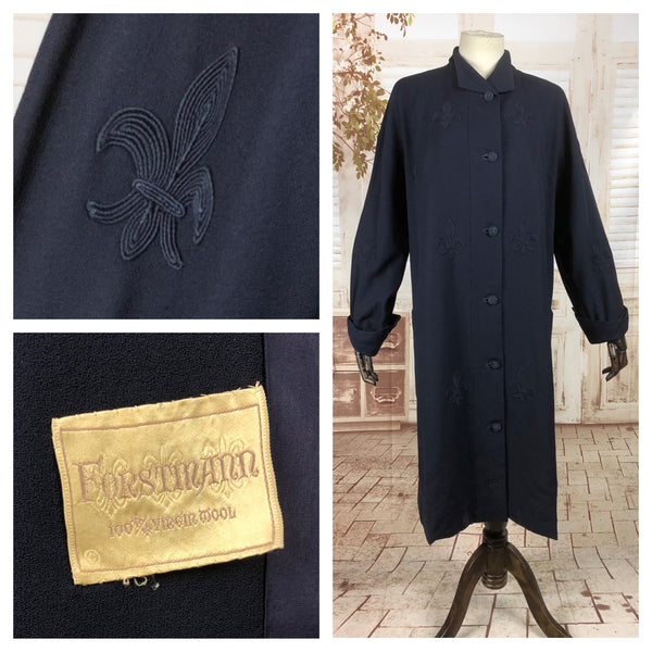 Original Late 1940s 40s Vintage Navy Blue Coat With Soutache Fleur De Lis Design By Forstmann