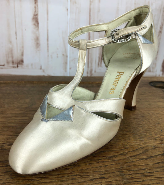 LAYAWAY PAYMENT 4 OF 4 - RESERVED FOR SAIRA - Magnificent Original Late 1920s / Early 1930s Champagne Satin Heeled Mary Jane Evening Shoes