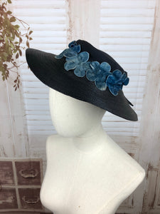 Original 1930s 30s Vintage Navy Blue Straw Wide Brimmed Hat With Velvet Flowers