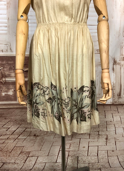 Exceptional Original 1920s Art Deco Pongee Silk Dress With Hand Painted Flowers