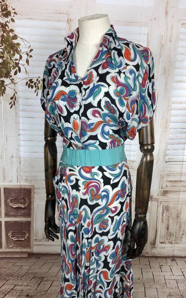 Original 1940s 40s Vintage Rayon Novelty Print Day Dress With Aqua Grosgrain Waistband