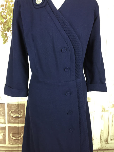 Original 1940s 40s Volup Vintage Navy Blue Wool Asymmetric Pin Tucked Day Dress