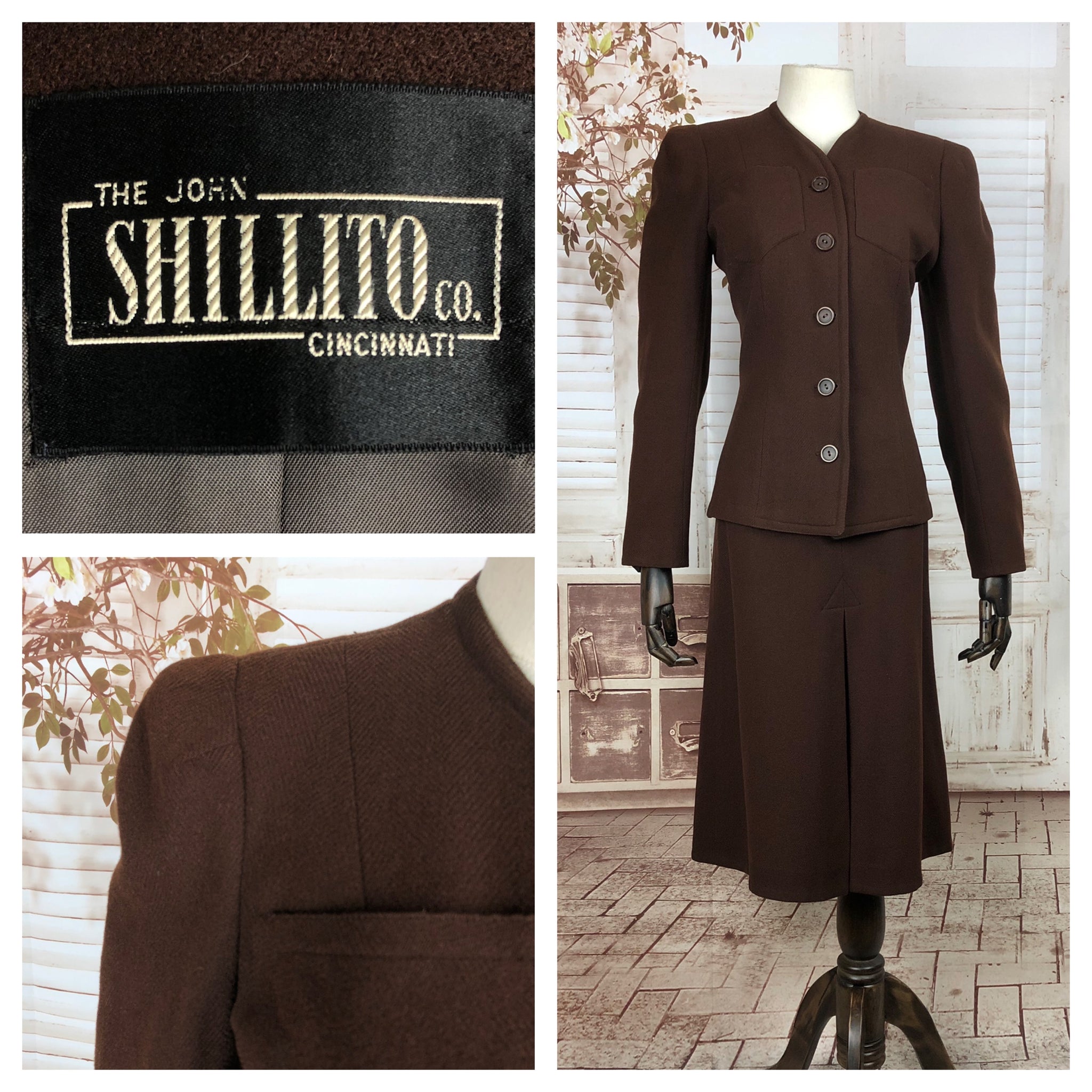 Original Late 1930s 30s Early 1940s 40s Vintage Brown Herringbone Weave Wool Skirt Suit By John Shillito