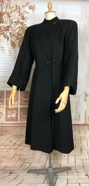 Amazing Original 1940s Vintage Classic Black Princess Coat With Strong Shoulders