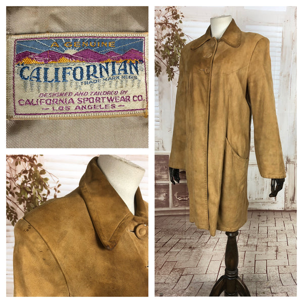Original 1940s 40s Vintage Soft Tan Leather Swing Coat By Californian Sportswear Co