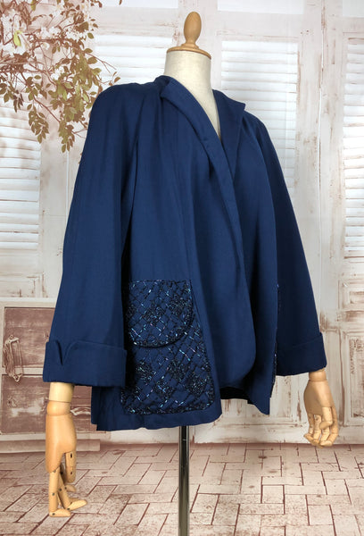 Incredible Original 1940s Volup Vintage Blue Gabardine Swing Coat With Beaded Pockets