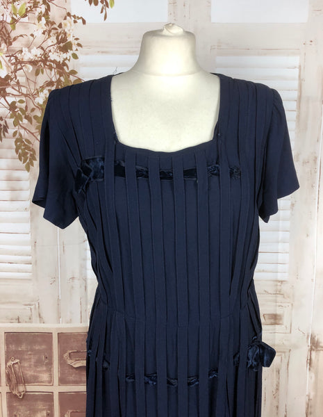 Original 1940s 40s Vintage Midnight Blue Day Dress With Stripe Panels And Velvet Ribbons By Robin Fashions