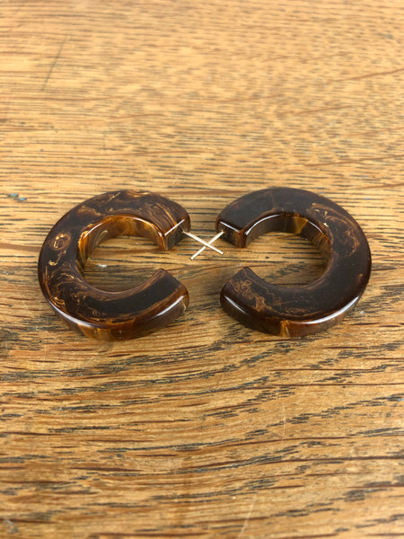 Large Brown Marbled Bakelite Hoop Pierced Earrings
