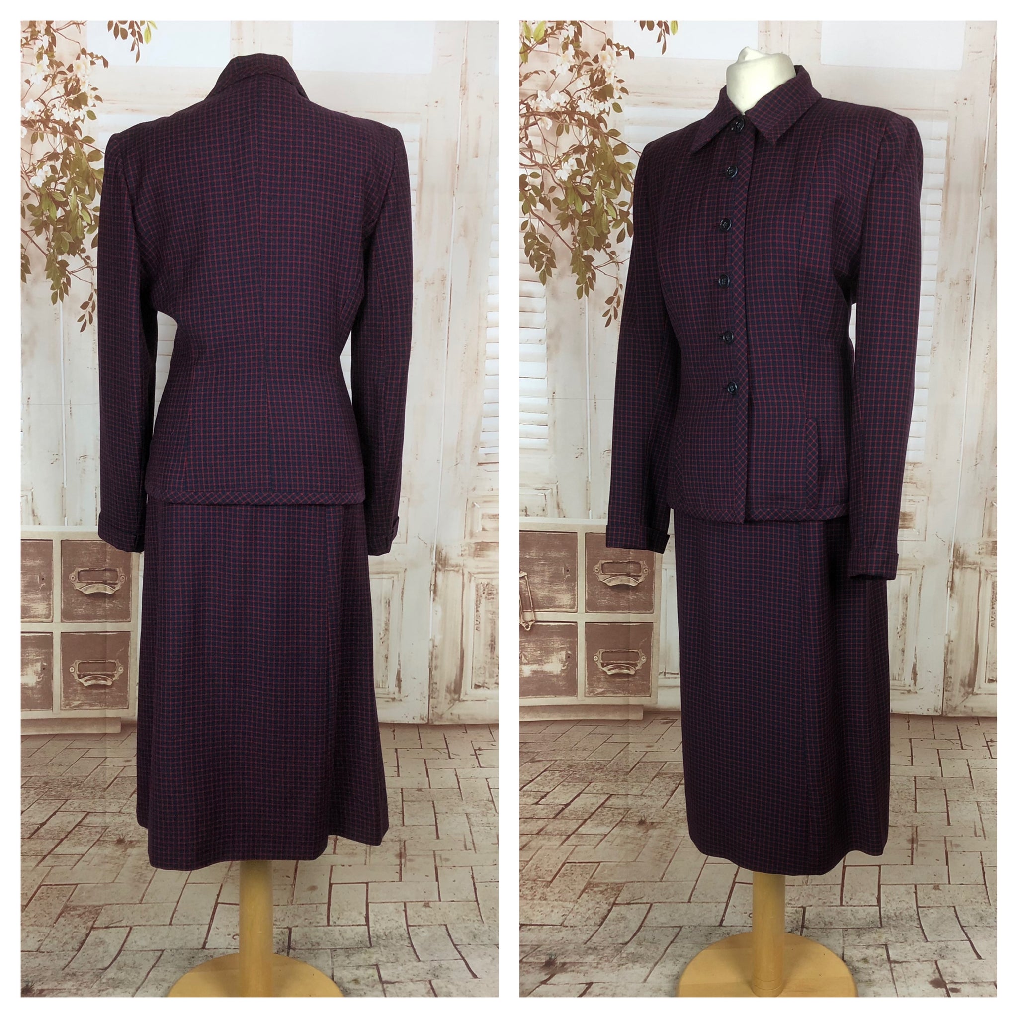 LAYAWAY PAYMENT 1 OF 2 - RESERVED FOR KELLY - Original 1940s 40s Vintage Navy And Red Micro Check Skirt Suit