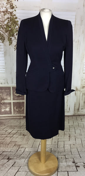 Original 1940s 40s Vintage Navy Ultra Violet Gabardine Wrap Skirt Suit