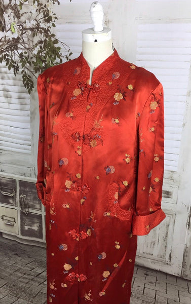 Original 1950s 50s Vintage Red Satin Asian House Coat