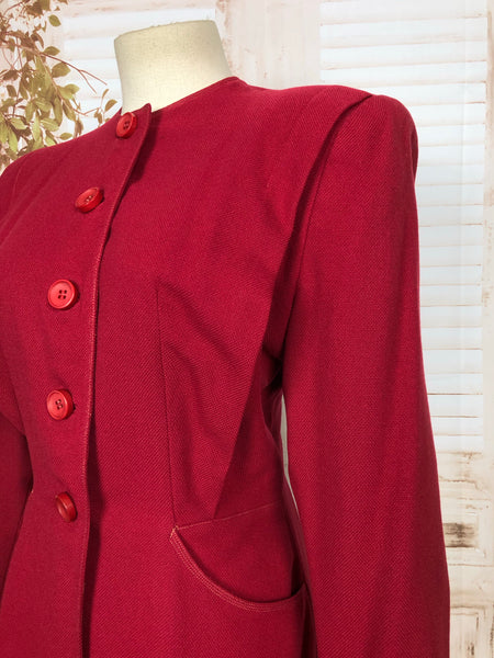 Gorgeous Original 1940s 40s Vintage Lipstick Red Collarless Skirt Suit