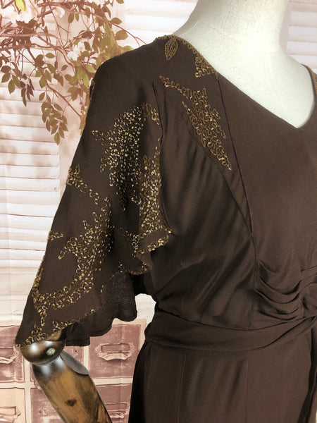Original 1930s 30s Vintage Brown Crepe Gown With Beaded Cape Effect Shoulders