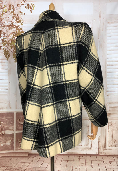 Amazing Original 1940s Vintage Black And Cream Plaid Swing Coat By Betty Rose