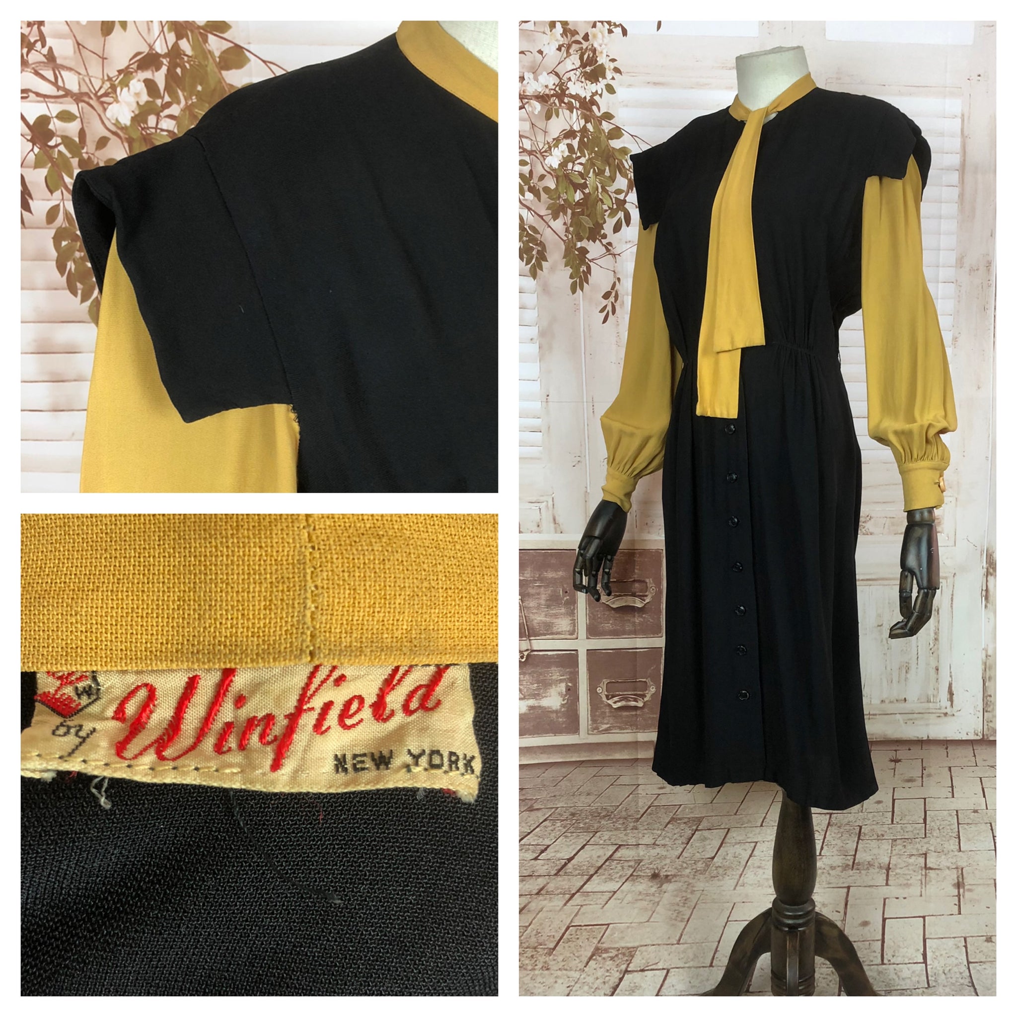 Incredible Original Vintage 1940s 40s Black And Mustard Yellow Colour Block Dress With Bishop Sleeves