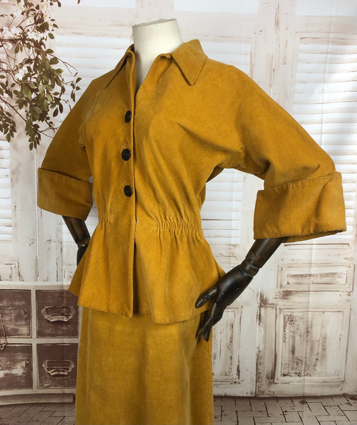 Original 1940s 40s Vintage Mustard Yellow Corduroy Suit With Huge Fluted Sleeves and Peplum