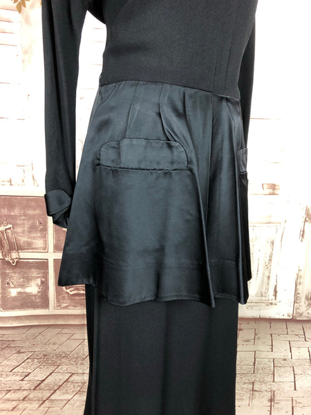Original 1940s 40s Vintage Black Crepe And Satin Day Dress With Huge Peplum