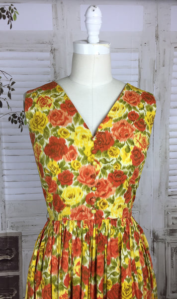 Original 1950s Vintage Orange, Yellow and Green Floral Summer Dress