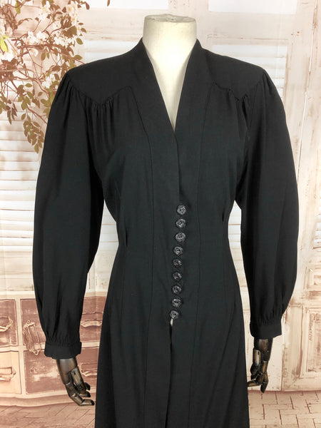 Original Vintage 1930s 30s Black Cotton Princess Coat With Bishop Sleeves And Bakelite Buttons
