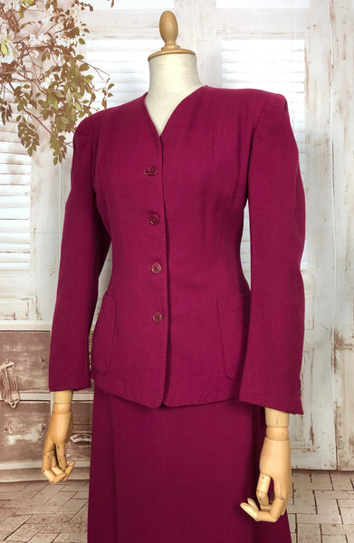 LAYAWAY PAYMENT 1 OF 2 - RESERVED FOR ANJA - Amazing Original 1940s Vintage Fuchsia Pink Collarless Skirt Suit