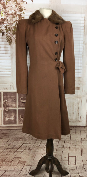Original 1930s 30s Vintage Chocolate Brown Asymmetric Wool Coat With Fur Collar