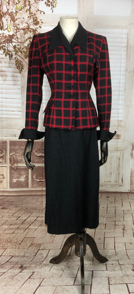 Original 1940s 40s Vintage Red And Grey Plaid Skirt Suit By Barbara Scott