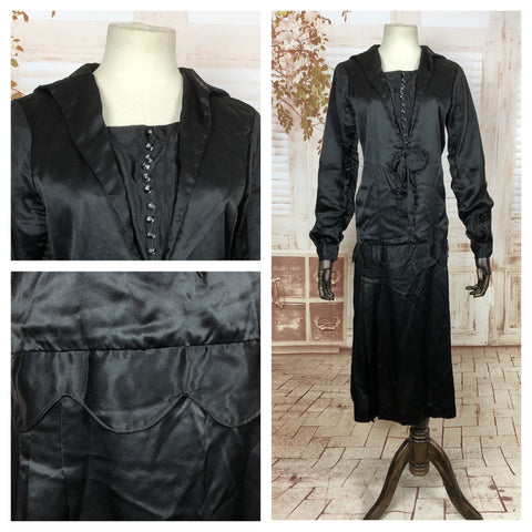 Incredible Black Satin Original 1920s 20s Vintage Flapper Dress