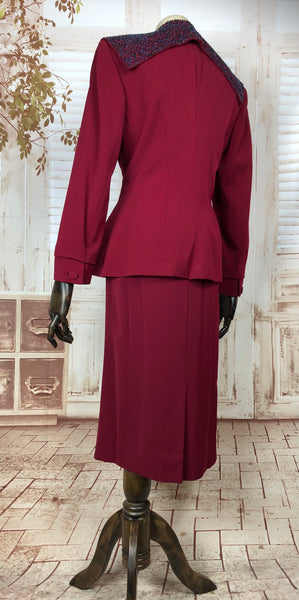 Breathtaking Original 1940s 40s Vintage Red Gabardine Skirt Suit With Beaded Collar By Chappi