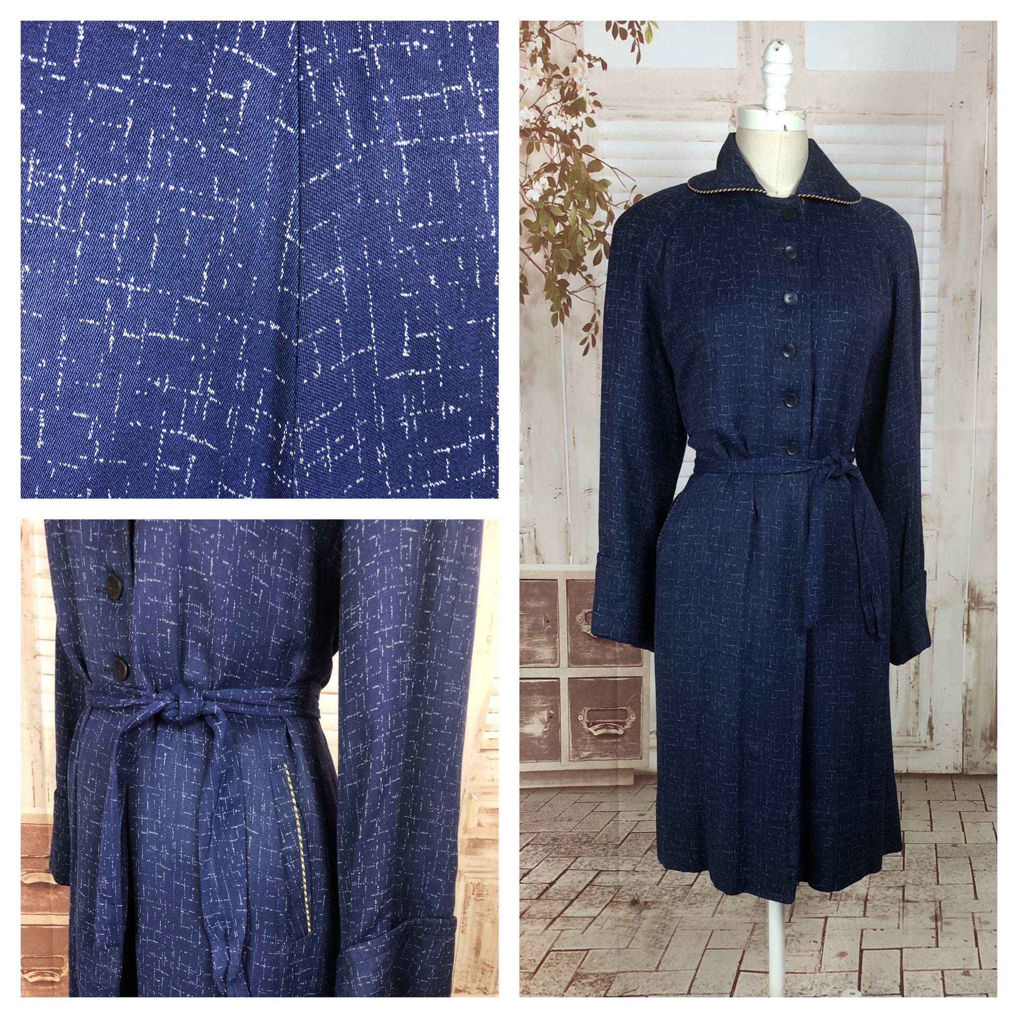 LAYAWAY PAYMENT 2 OF 2 - RESERVED FOR HOLLY - PLEASE DO NOT PURCHASE - Original 1940s 40s Volup Vintage Blue And White Atomic Fleck Belted Gabardine Coat