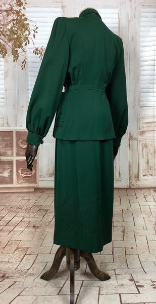 Incredibly Rare Original 1940s 40s Vintage Emerald Green Gabardine Belted Suit With Bishop Sleeves