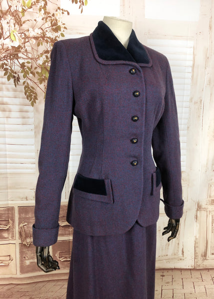 Original Vintage 1940s 40s Red Green And Blue Tweed Suit With Velvet Collar By Ardmoor
